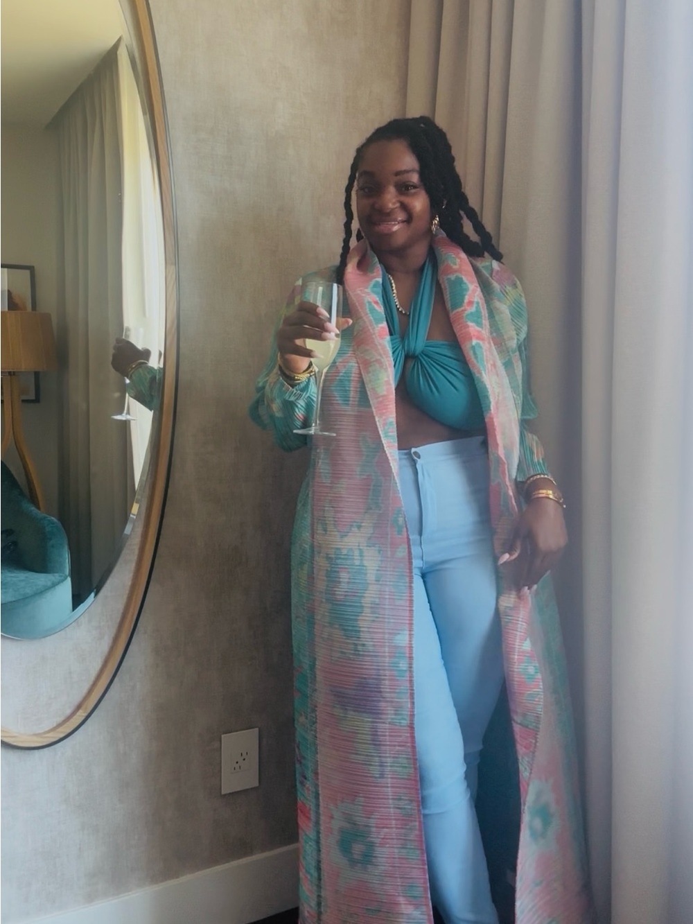 Long Pastel Duster Coat in Mint & Peach - Picture 4 of 11